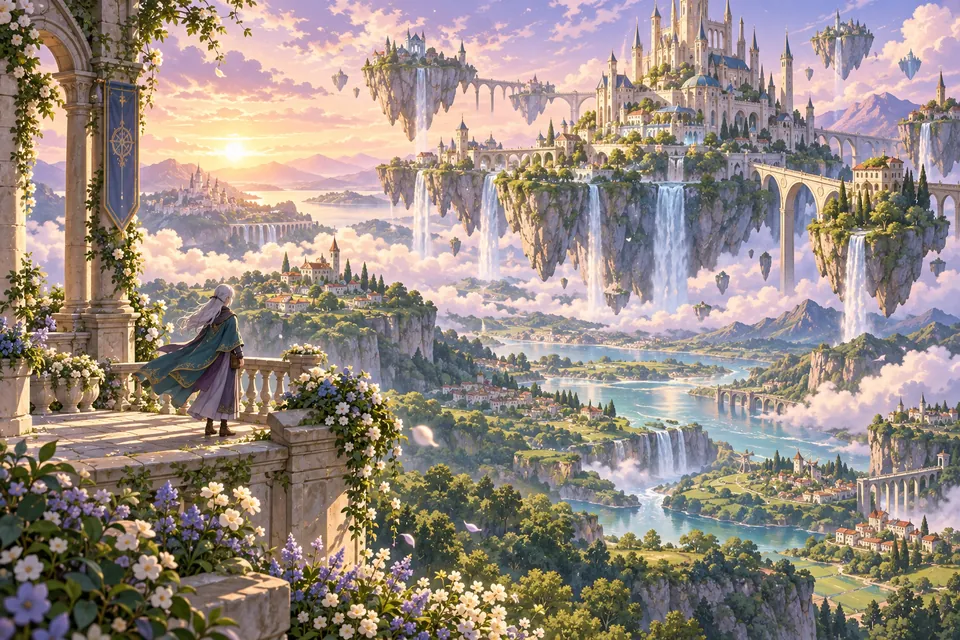 Silver-haired adult traveler overlooking a floating island town with bridges and waterfalls in golden-hour light