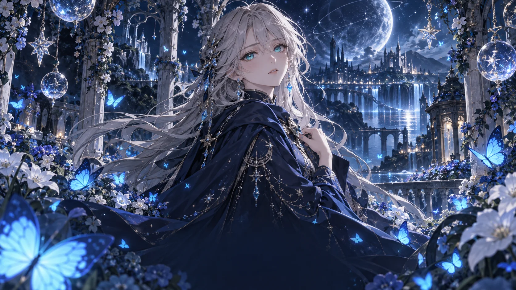 Silver-haired anime character in a moonlit fantasy city