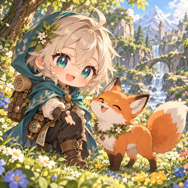 An original cute chibi adult explorer with an oversized head