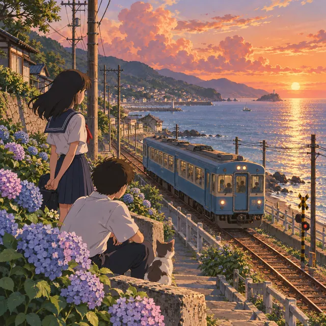A nostalgic 1990s anime coastal railway at sunset