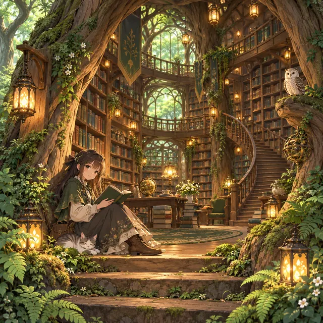 A magical anime library inside the trunk of an enormous forest tree