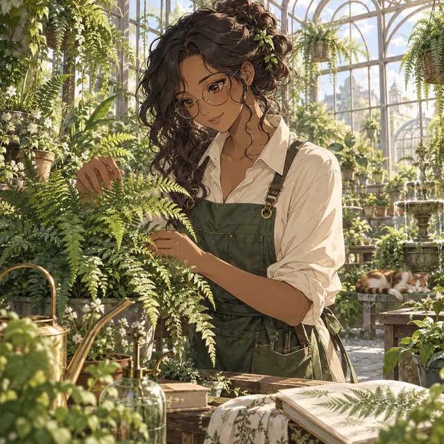 An original adult anime botanist with warm brown skin