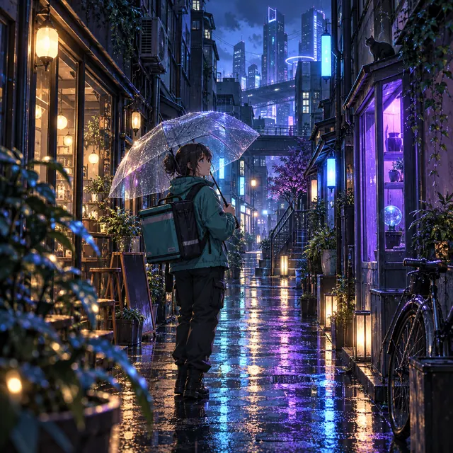 An original anime city alley after rain