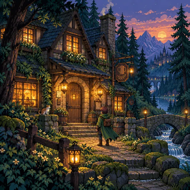 Original detailed 16-bit pixel art of a cozy forest inn at twilight