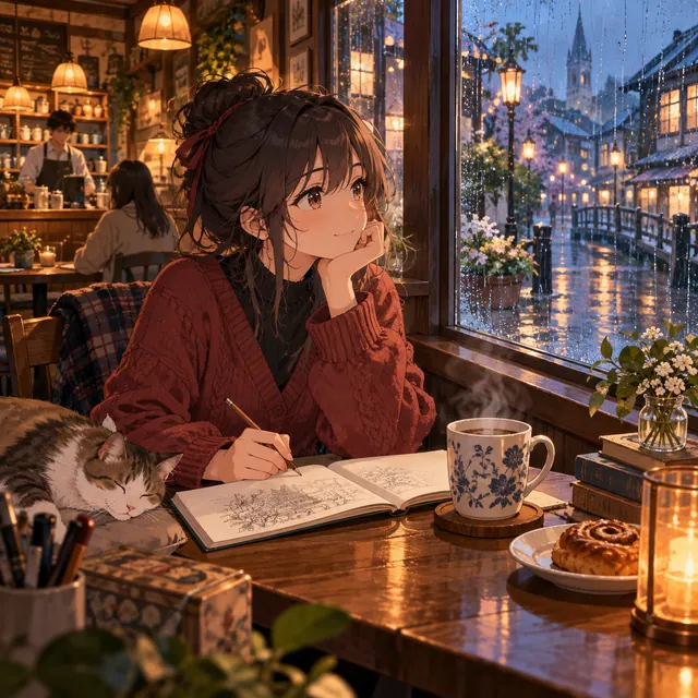 A cozy anime cafe interior on a rainy afternoon