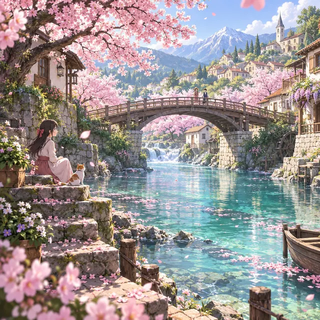 A peaceful anime riverside village in spring