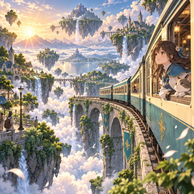 An original anime fantasy railway winding between floating green islands above luminous clouds