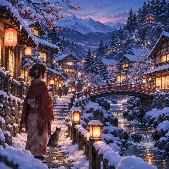 A peaceful anime mountain village in fresh snow at blue hour