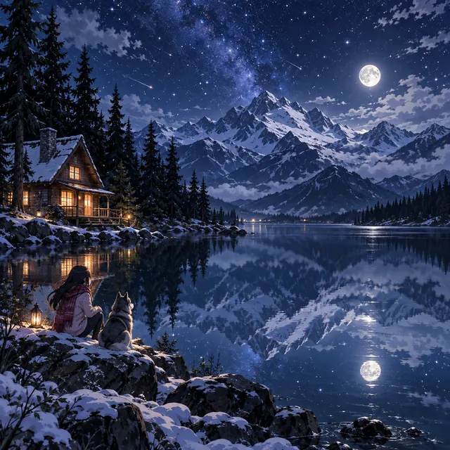 A quiet anime alpine lake at night