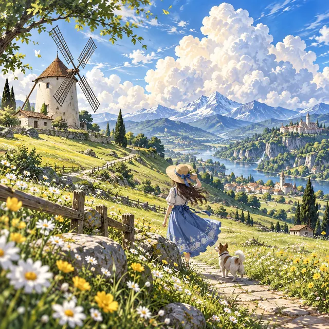 An original anime meadow filled with tiny white and yellow wildflowers
