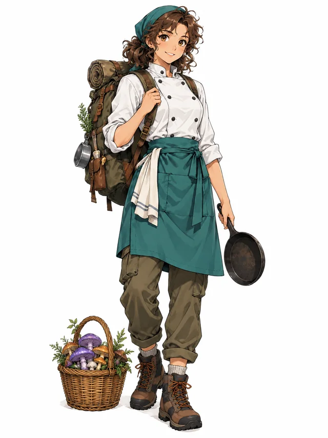 Full-body anime character design of an original adult adventuring chef with curly brown hair, a white chef coat, teal apron, hiking trousers and boots, backpack and cooking pan, a small basket of fantasy mushrooms at the feet, head and feet entirely visible, simple warm white background, a single front three-quarter view, character concept reference, no multi-angle sheet