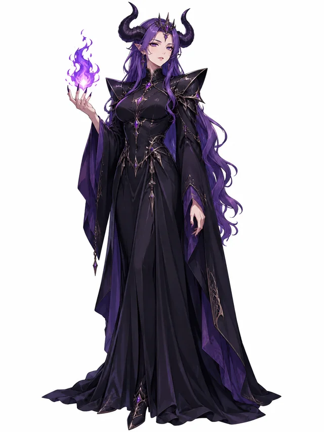 Full-body anime character design of an original adult demon queen with curved horns, long purple hair, a fully covered dark floor-length gown and structured shoulders, small purple magical flame above one hand, regal stance, head and feet entirely visible, simple warm white background, a single front three-quarter view, character concept reference, no multi-angle sheet