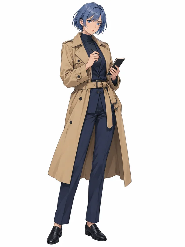 Full-body anime character design of an original adult academy detective with short blue hair, a belted tan trench coat over a modest navy outfit, trousers and shoes, holding a small notebook, observant expression, head and feet entirely visible, simple warm white background, a single front three-quarter view, character concept reference, no multi-angle sheet