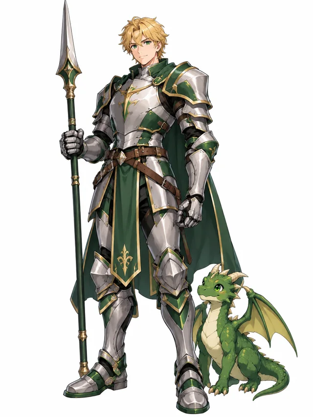Full-body anime character design of an original adult knight with golden hair, green and silver armor covering the whole body and sturdy boots, holding a lance upright, a small friendly dragon standing beside one boot, head and feet entirely visible, simple warm white background, a single front three-quarter view, character concept reference, no multi-angle sheet