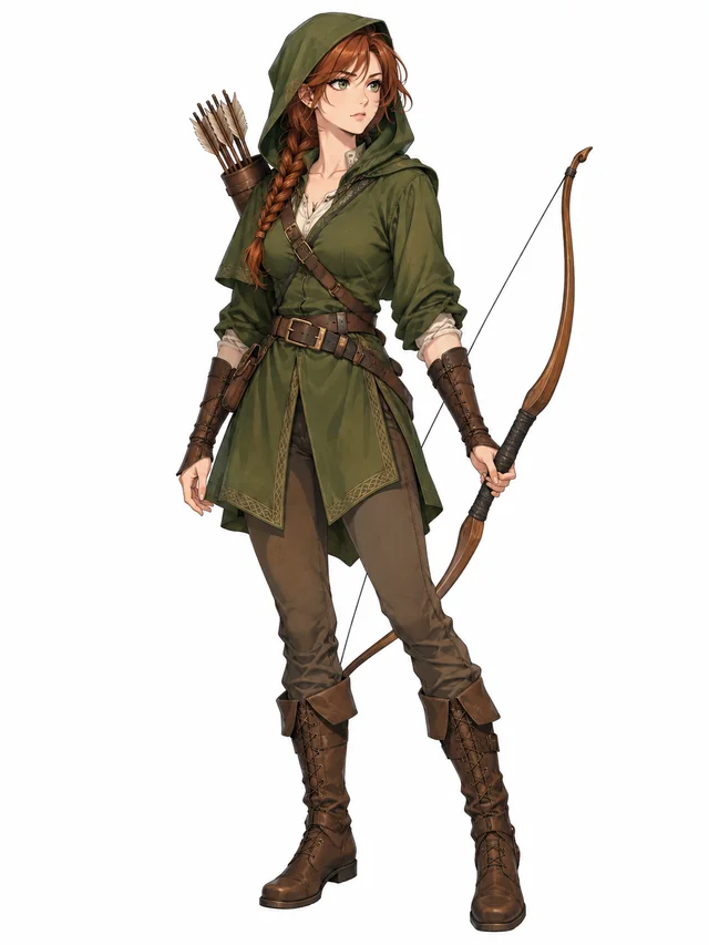 Full-body anime character design of an original adult archer with auburn hair, a green hooded tunic, leather belt, trousers and walking boots, carrying a wooden bow and small quiver, alert expression, head and feet entirely visible, simple warm white background, a single front three-quarter view, character concept reference, no multi-angle sheet