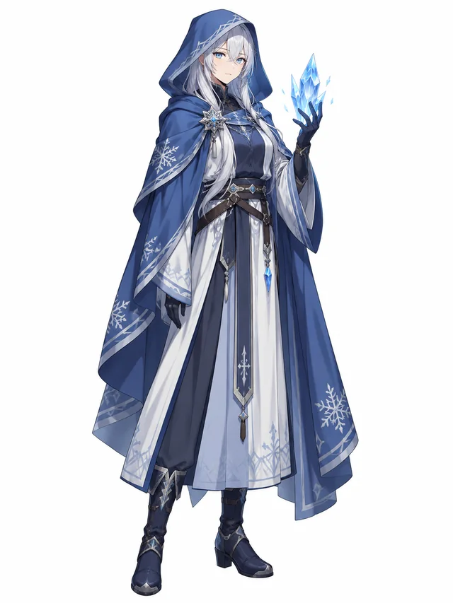 Full-body anime character design of an original adult ice mage with silver hair, a blue hooded cloak, fully covered layered robes and boots, holding a frost crystal, calm expression, head and feet entirely visible, simple warm white background, a single front three-quarter view, character concept reference, no multi-angle sheet