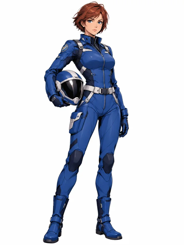 Full-body anime character design of an original adult woman with short auburn hair in a fully covered blue futuristic pilot suit and boots, holding a helmet at her side, determined expression, head and feet entirely visible, simple warm white background, a single front three-quarter view, character concept reference, no multi-angle sheet