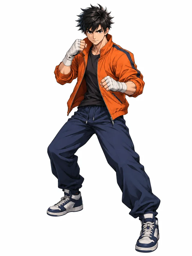 Full-body anime character design of an original adult shonen hero with spiky black hair, a modest orange training jacket, loose navy trousers, bandaged fists and sneakers, energetic balanced fighting stance, head and feet entirely visible, simple warm white background, a single front three-quarter view, character concept reference, no multi-angle sheet