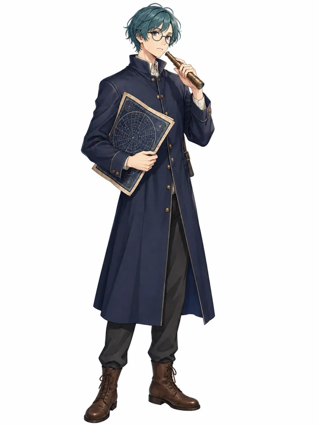 Full-body anime character design of an original adult astronomer with short teal hair, round glasses, a high-collared navy academic coat buttoned closed over a shirt, full-length trousers and leather boots, holding a star map and small brass telescope, thoughtful standing pose, head and feet entirely visible, simple warm white background, a single front three-quarter view, character concept reference, no multi-angle sheet