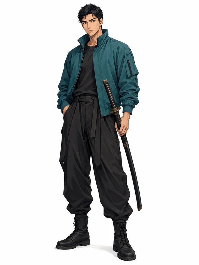 Full-body anime character design of an original adult samurai with short dark hair, a teal streetwear jacket, loose black trousers and boots, holding a sheathed katana, poised relaxed stance, head and feet entirely visible, simple warm white background, a single front three-quarter view, character concept reference, no multi-angle sheet