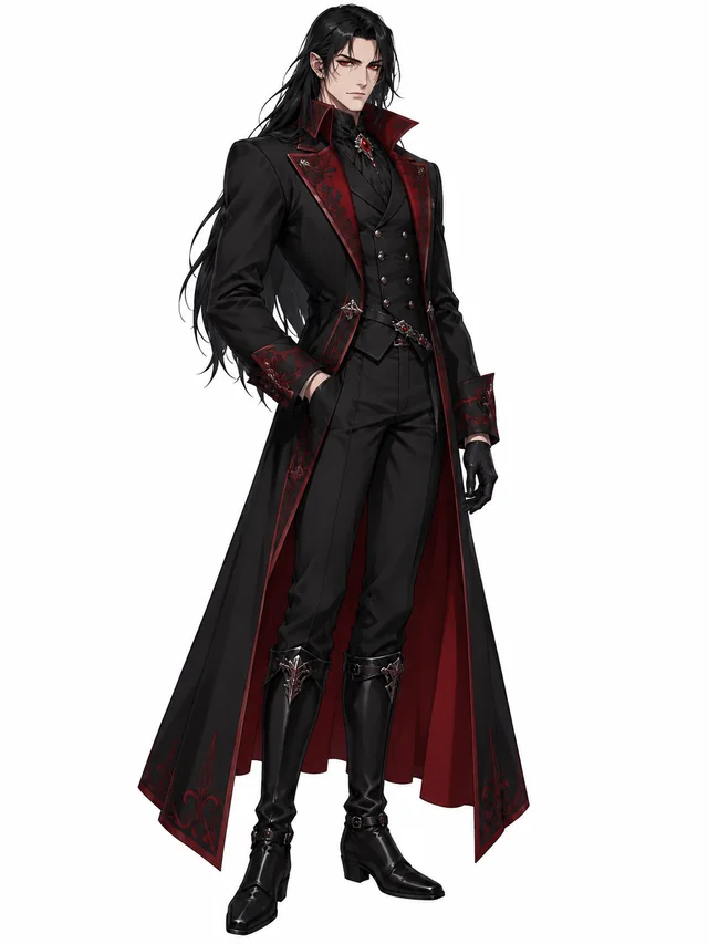 Full-body anime character design of an original adult vampire lord with long black hair, red eyes, a fully buttoned black and crimson coat, tailored trousers and tall boots, elegant reserved stance, head and feet entirely visible, simple warm white background, a single front three-quarter view, character concept reference, no multi-angle sheet