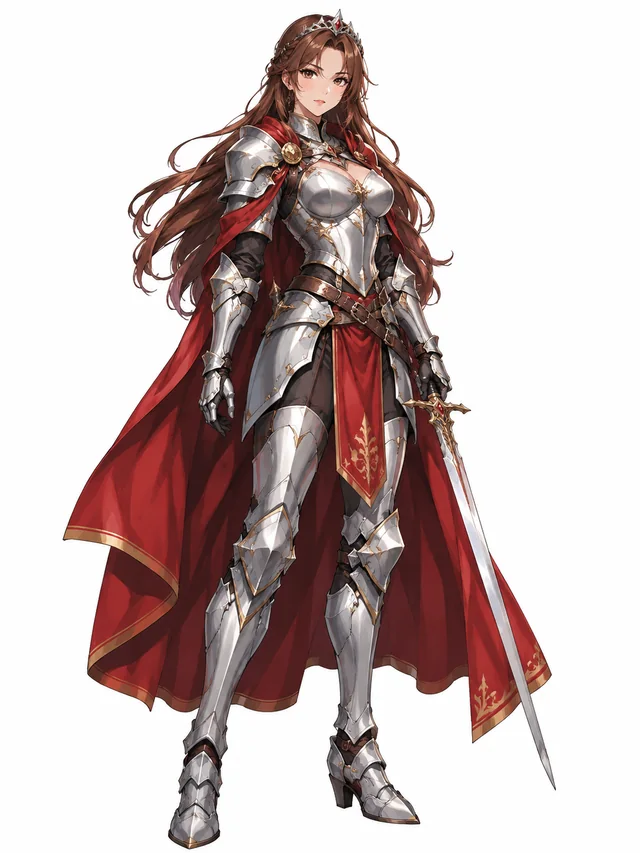 Full-body anime character design of an original adult warrior princess with long chestnut hair, silver armor covering torso and legs, a flowing red cape and practical boots, confident upright stance, head and feet entirely visible, simple warm white background, a single front three-quarter view, character concept reference, no multi-angle sheet