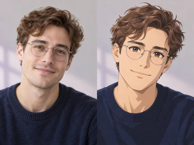 AI-created adult man with wavy brown hair and round glasses, shown as a photographic portrait and an anime interpretation