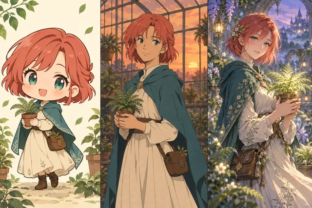 An original red-haired adult botanist holding a fern, illustrated in Chibi, Retro and Fantasy styles