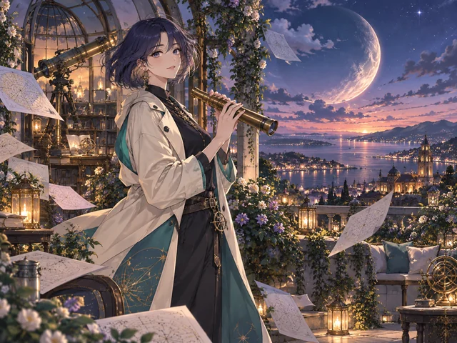 Original anime astronomer with indigo hair and a brass telescope in a moonlit rooftop observatory