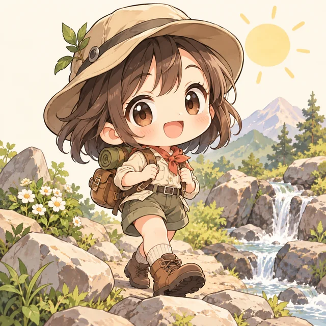 Chibi explorer with a tiny backpack in warm sunshine