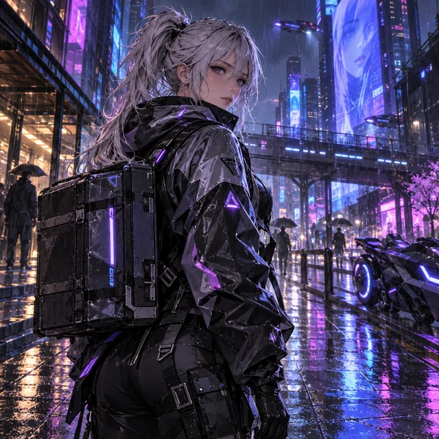 Silver-haired adult anime courier in a rainy neon city