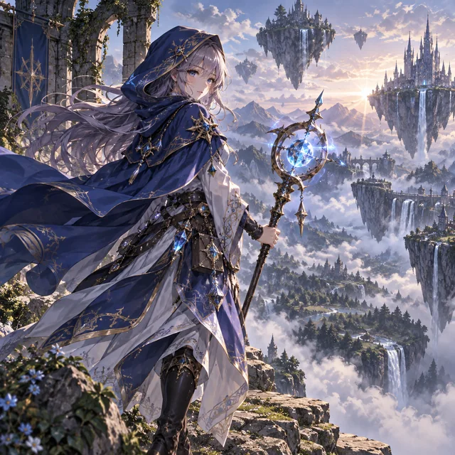 Anime mage with a blue cloak and glowing staff above a misty fantasy valley