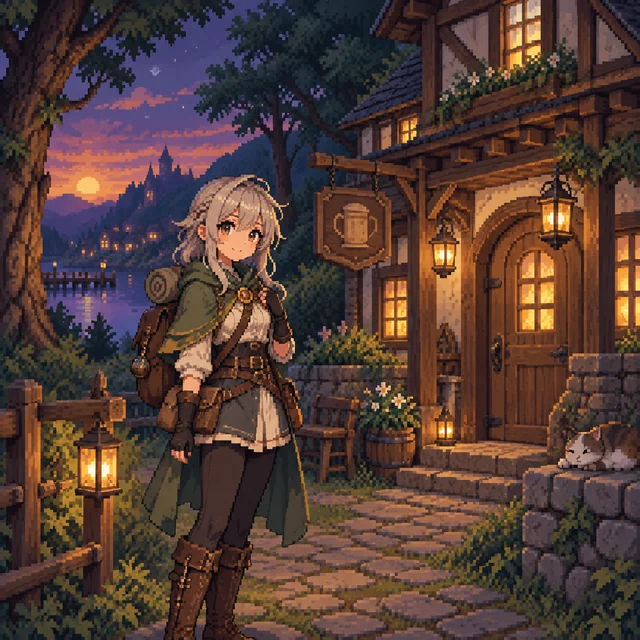 Pixel art adventurer beside a cozy forest inn at dusk