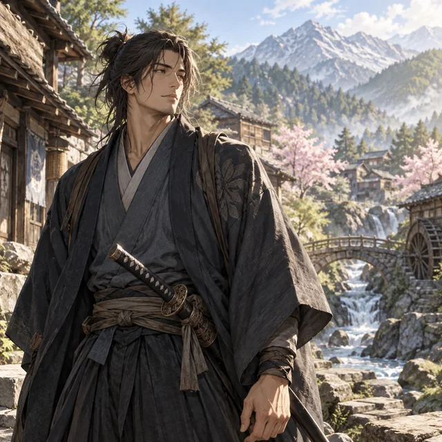 Adult anime swordsman in a peaceful mountain village