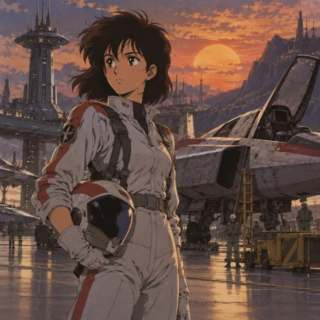 Retro anime pilot at a spaceport under a dramatic sunset