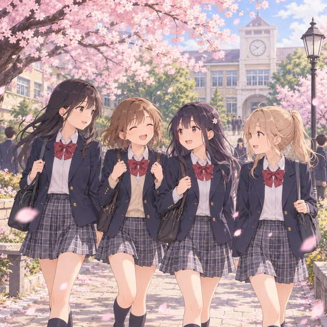 Anime friends in modest school uniforms walking through a cherry blossom courtyard