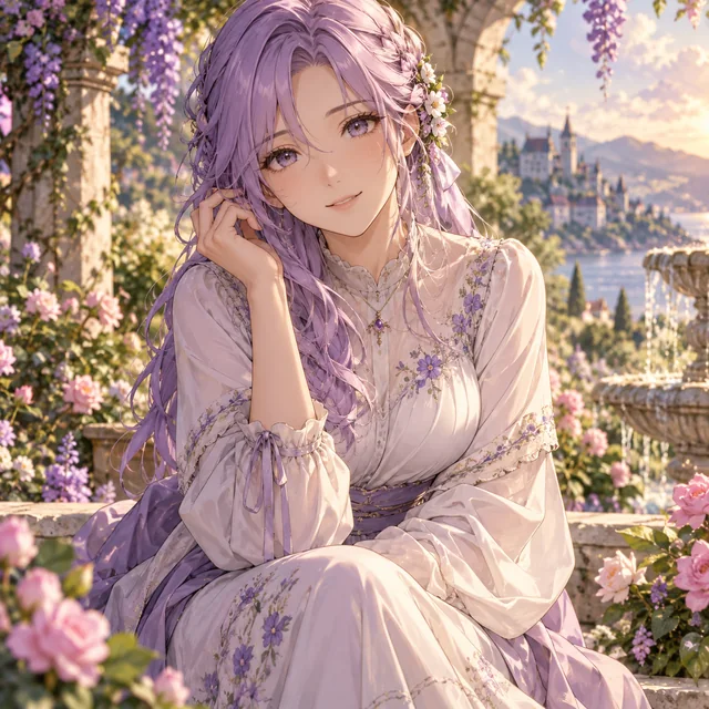 Adult anime woman with lavender hair and a modest dress in a flower garden