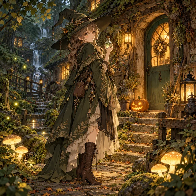 Full-body adult anime witch in a moss-green layered cloak, crooked broad-brimmed hat and lace-up boots, holding a tiny glass potion bottle