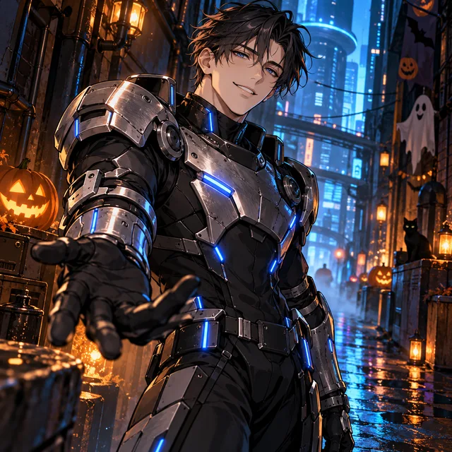 Adult anime man wearing a believable Halloween robot costume over a fully covered charcoal suit, brushed-metal shoulder pieces, articulated gauntlets and blue LED strips