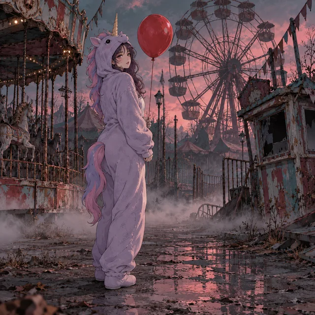 Wide environmental anime illustration of an adult woman wearing a fully covered faded-lavender unicorn mascot jumpsuit with a small fabric horn, human face visible, holding a red balloon
