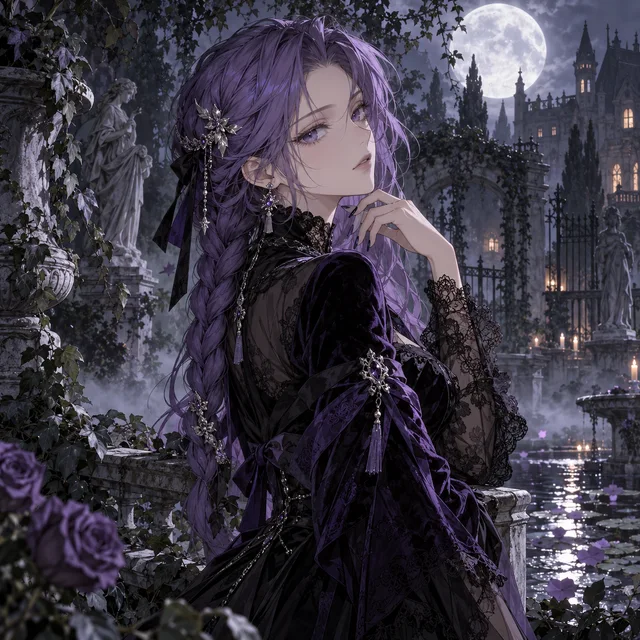 Adult anime woman with long violet braids decorated with silver hair clips, a high-neck black-and-purple velvet outfit with delicate lace cuffs