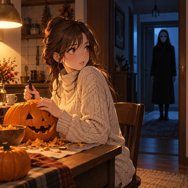 Cinematic wide interior scene of an adult anime woman in a fully covered cream sweater carving a pumpkin at an ordinary kitchen table