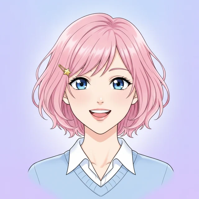 First-attempt Nano Banana result: pink-haired adult anime avatar with star hairpin