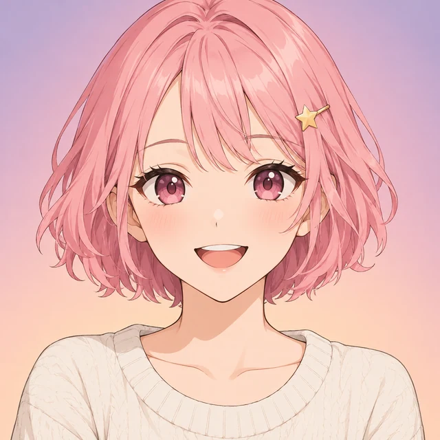 First-attempt GPT Image 1.5 result: pink-haired adult anime avatar with star hairpin
