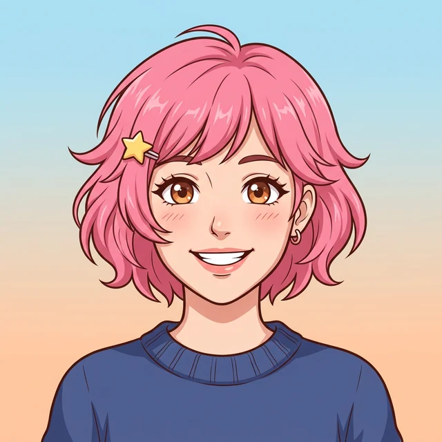 First-attempt Nano Banana 2 result: pink-haired adult anime avatar with star hairpin