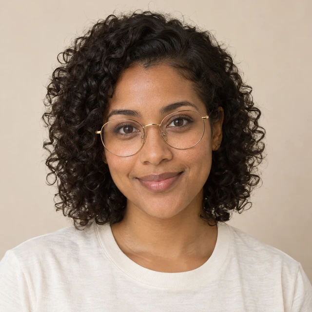AI-created adult with curly dark hair and round glasses