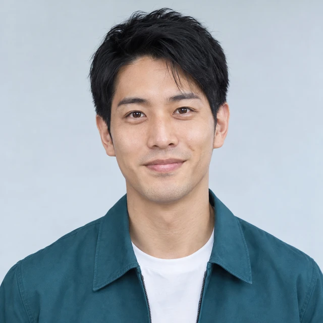 AI-created adult with short black hair and a teal jacket