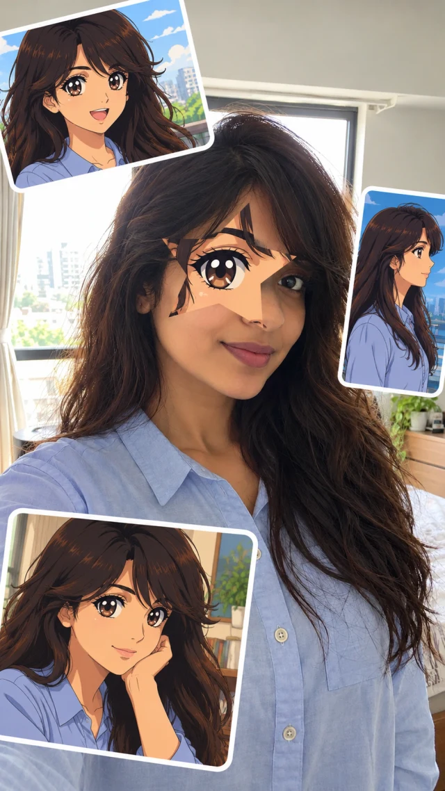 Generated anime star eye collage for long hair by the window