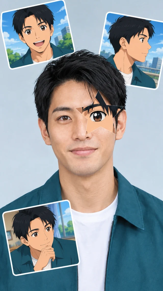 Generated anime star eye collage for short hair in daylight