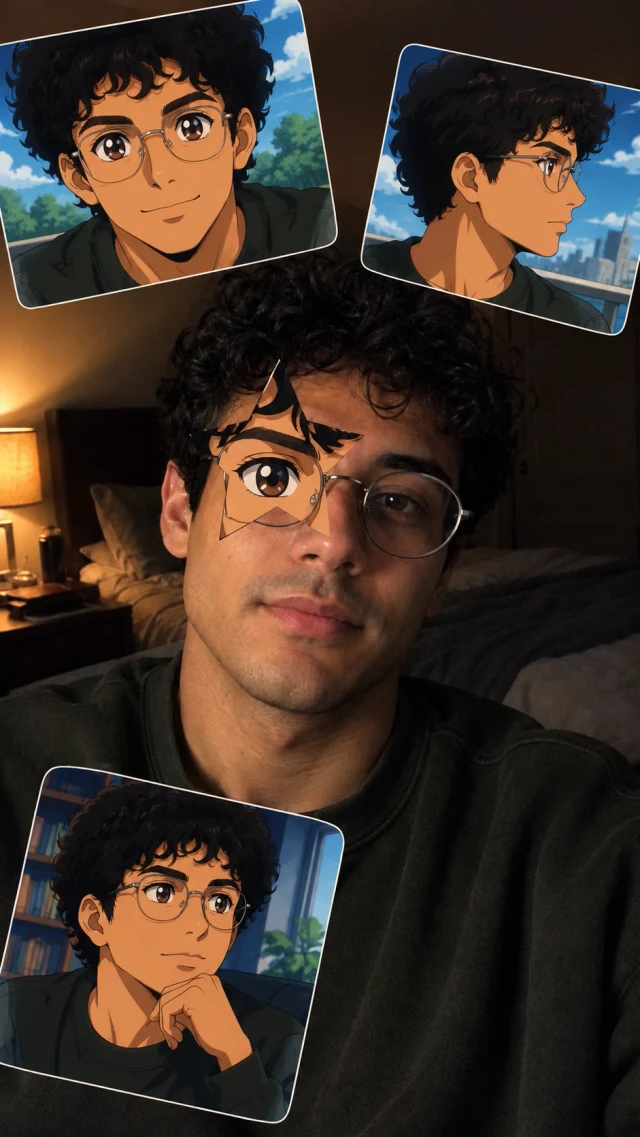 Generated anime star eye collage for evening selfie with clear eyes
